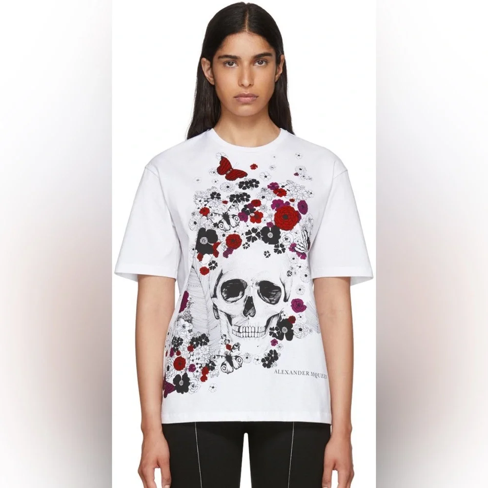 Alexander McQueen white Tee with flowers and skull - Picture 1 of 5